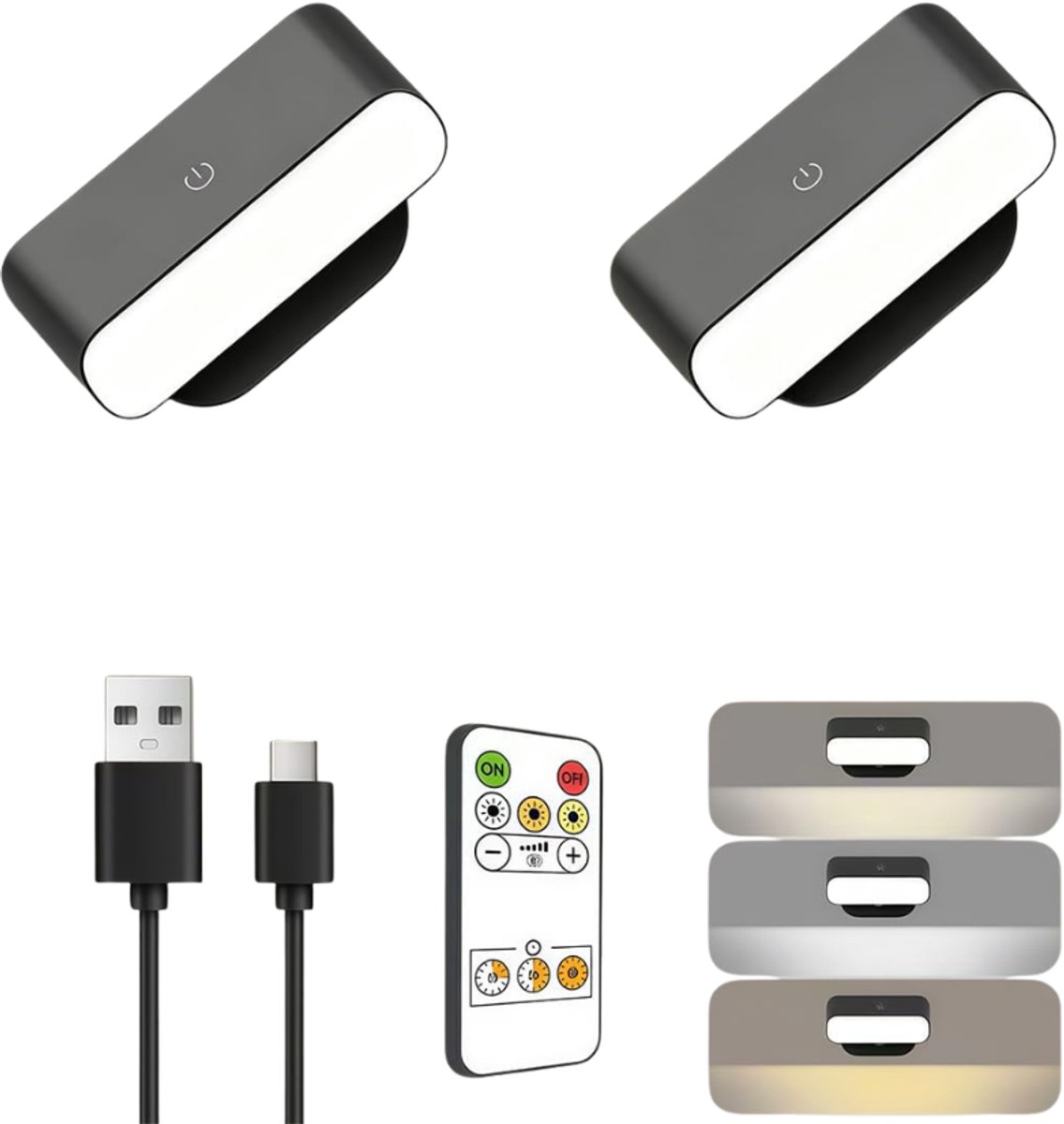 ZRNS® Oplaadbare Wandlamp LED - Op Batterijen - Draadloos - 3 Kleurtemperaturen - Dimbaar - Zwart - 2 Stuks