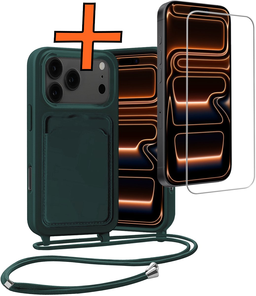 Hoesje Geschikt voor iPhone 18 Pro Max Hoes Met Telefoonketting Met Screenprotector - Backcover Geschikt voor iPhone 18 Pro Max Case Met Koord - Donkergroen