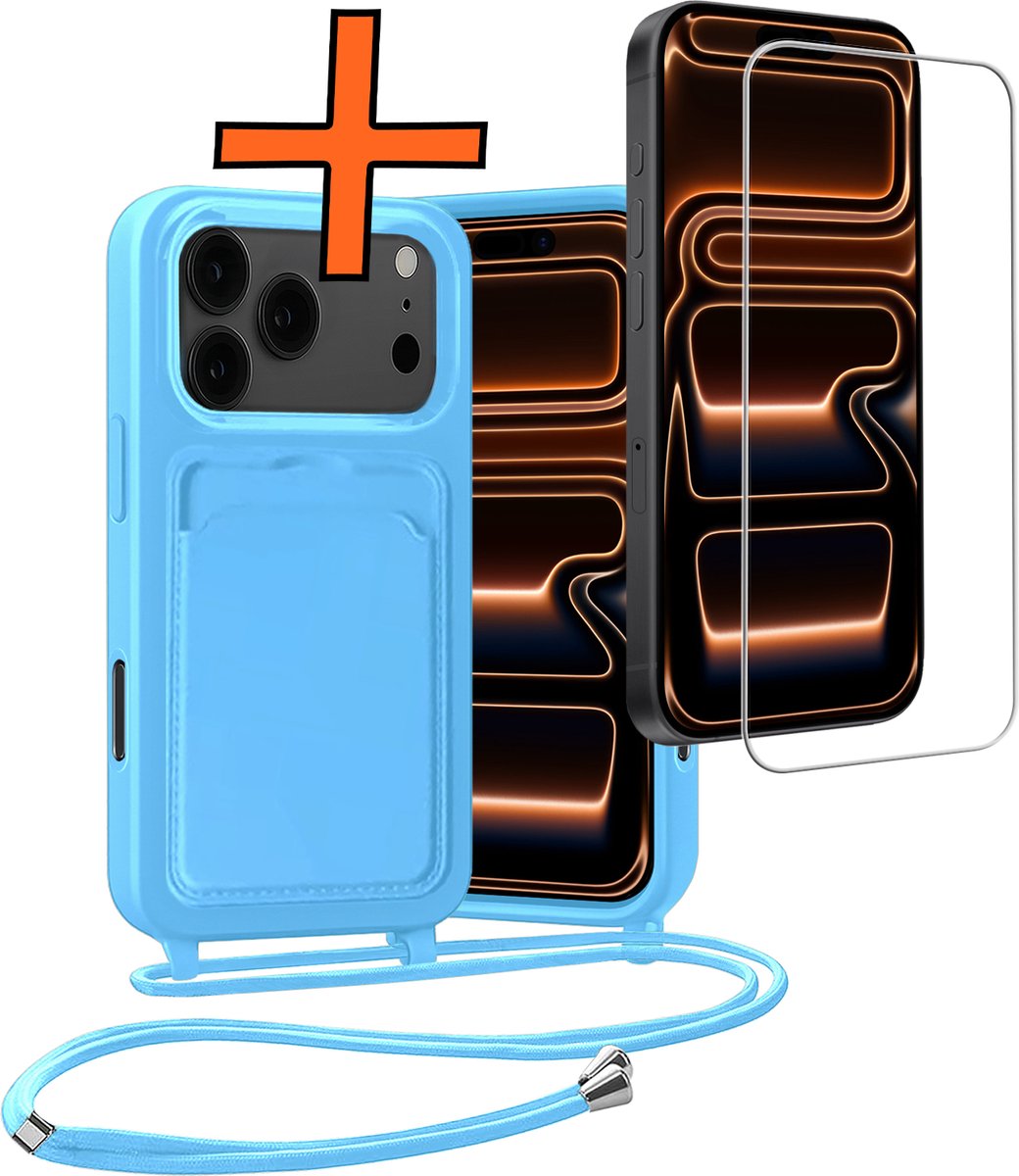 Hoesje Geschikt voor iPhone 18 Pro Max Hoes Met Telefoonketting Met Screenprotector - Backcover Geschikt voor iPhone 18 Pro Max Case Met Koord - Lichtblauw