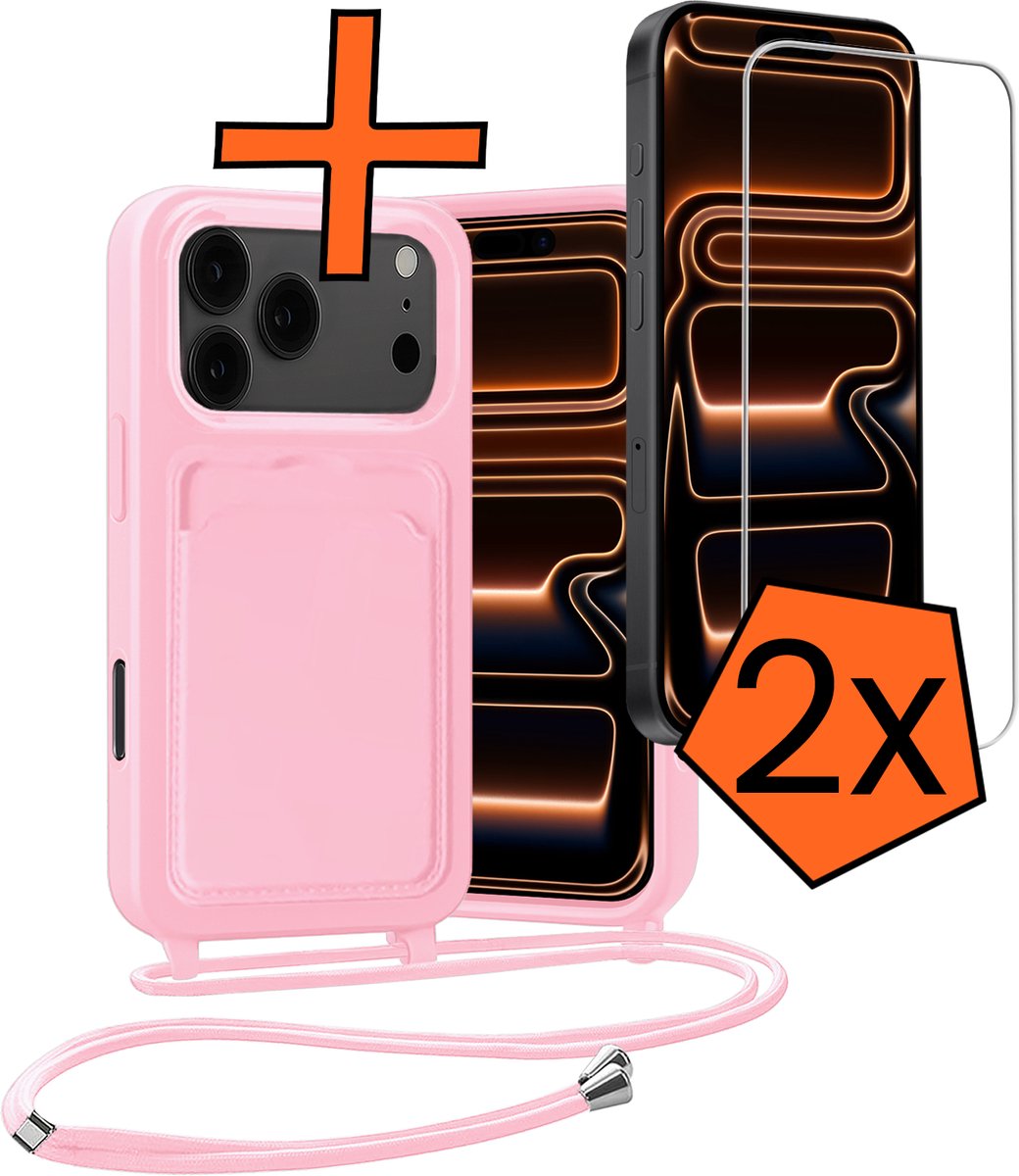 Hoesje Geschikt voor iPhone 18 Pro Max Hoes Met Telefoonketting Met 2x Screenprotector - Backcover Geschikt voor iPhone 18 Pro Max Case Met Koord - Lichtroze