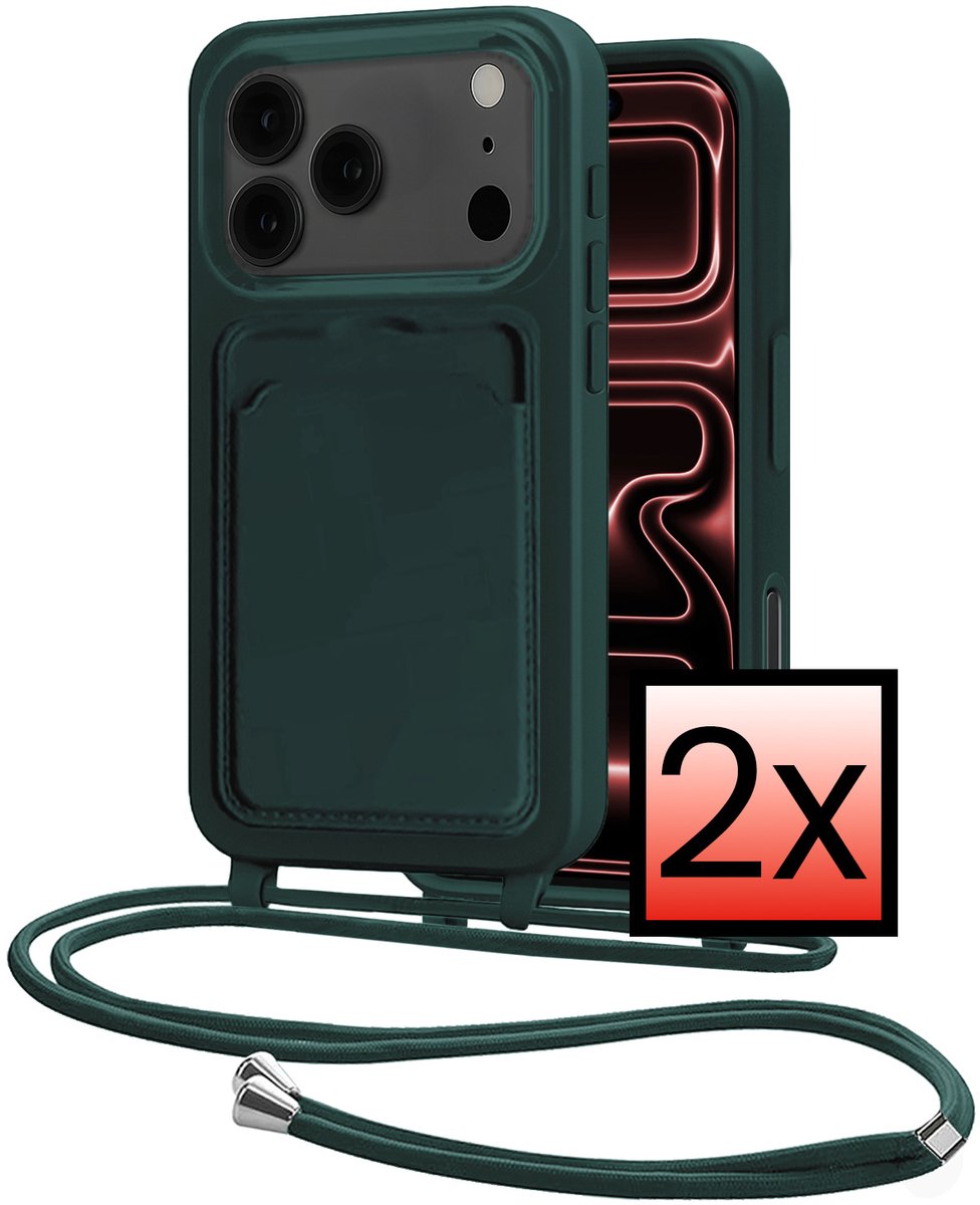 Hoes Geschikt voor iPhone 18 Pro Met Telefoonkoord - Siliconen Hoesje Backcover Met Ketting - Donkergroen - 2 PACK