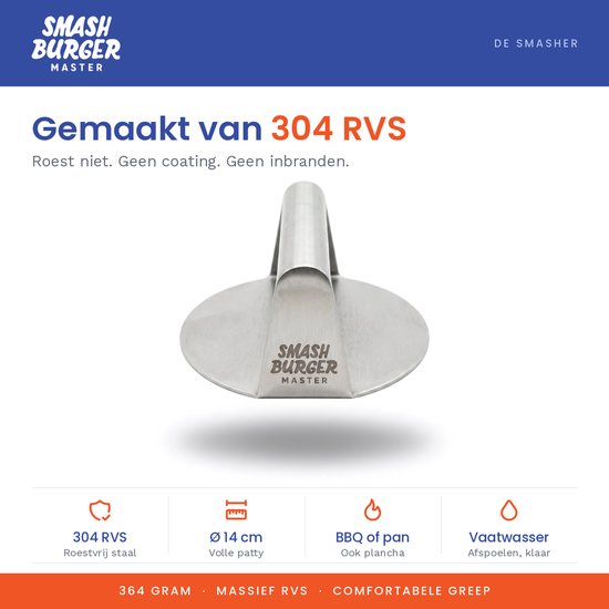 Smash Burger Master pers van 304 roestvrij staal, 14 cm diameter, met "SMASH BURGER MASTER" logo.