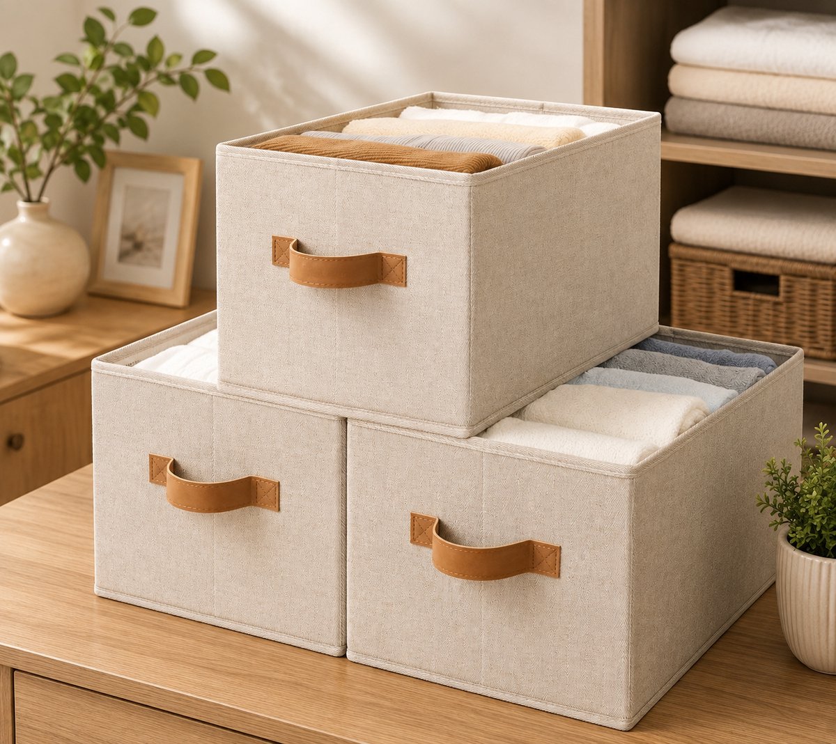 StorageWorks Opvouwbare Opbergmanden met Handvatten, Rechthoekige Kastorganizers voor Planken, Set van 3, Bruin