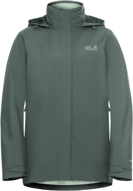 Veste d'extérieur verte Jack Wolfskin avec capuche et logo Jack Wolfskin sur la poitrine.