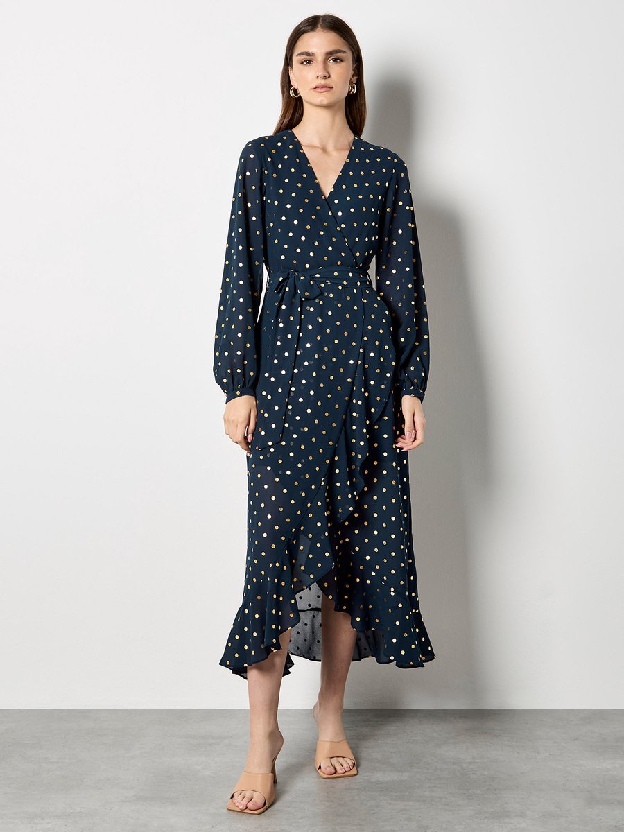 Chiffon wikkeljurk met gouden folie stippen