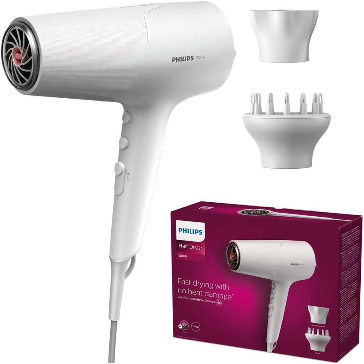 Bol.com Philips Series 5000 BHD500/20 - Föhn met diffuser - Wit/Metallic aanbieding