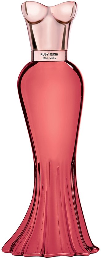 Fles in de vorm van een rode jurk met de tekst "RUBY RUSH Paris Hilton".