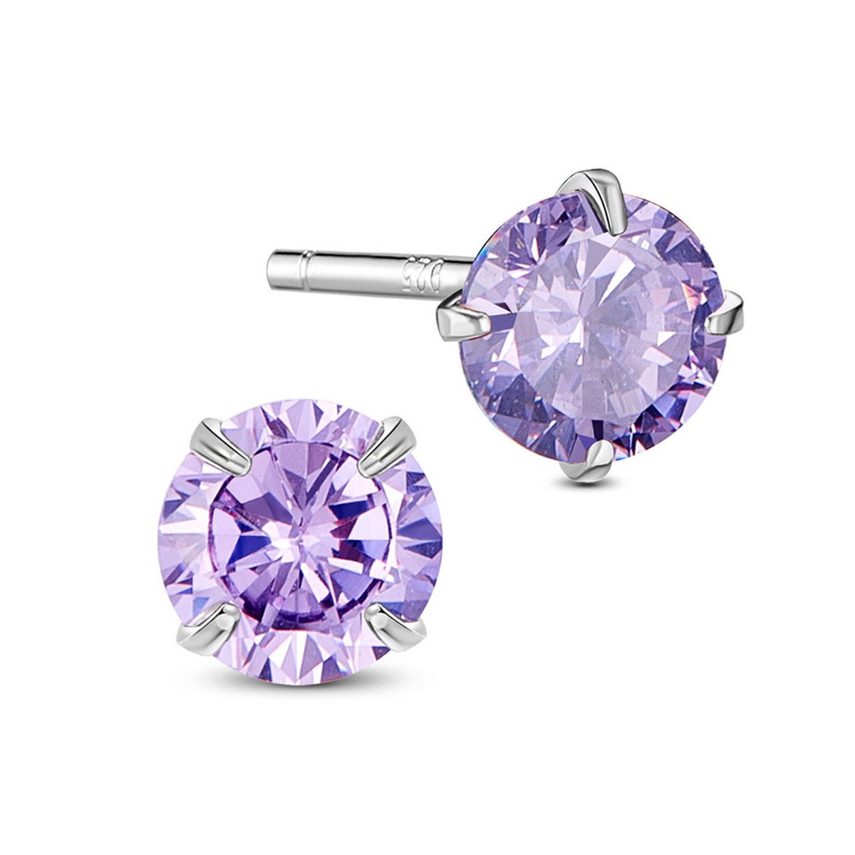 Zilveren dames oorknopjes met een 6 mm AAA Cubic Zirconia paars amethist kleurig kristal steentje in zetting