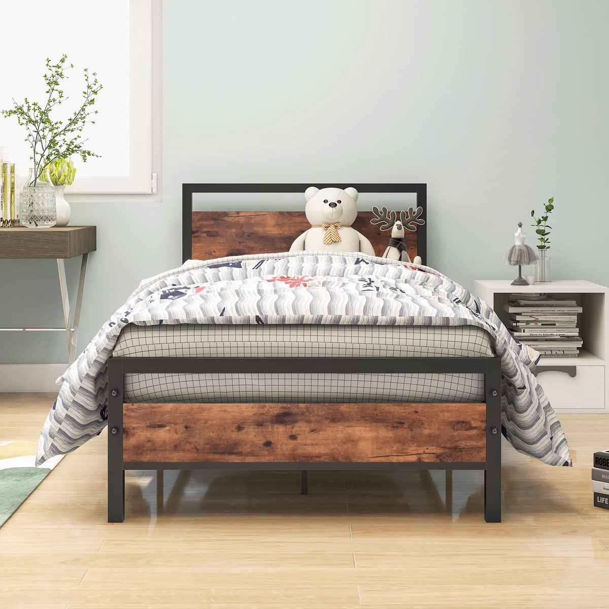 STILVORA Bed 90x200cm - Stevig Eenpersoonsbed met Lattenbodem en Opbergruimte - Industrieel Design - MDF en Metaal - Bruin - Zonder matras