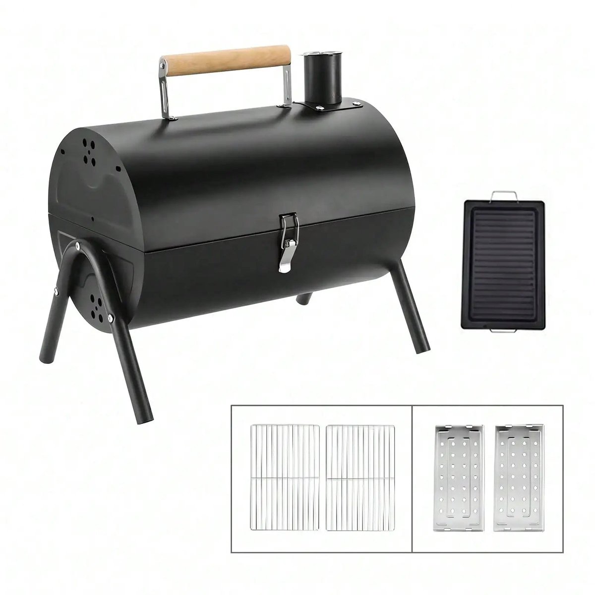 CINK & Co Houtskoolbarbecue - Opvouwbaar met 2 Grilloppervlakken - RVS Grillrooster en Grillplaat met Antiaanbaklaag - Draagbaar - Zwart