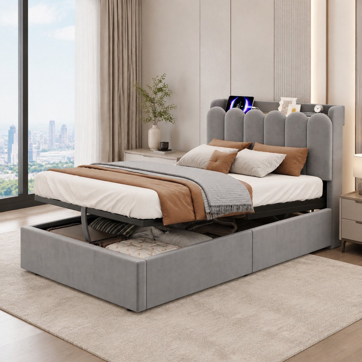 DESMIU Gestoffeerd Bed 90x200cm - Hydraulisch Opbergbed Met Lattenbodem, Leeslamp En USB Laadpunt - Kinderkamer - Fluweel - Grijs - Zonder Matras