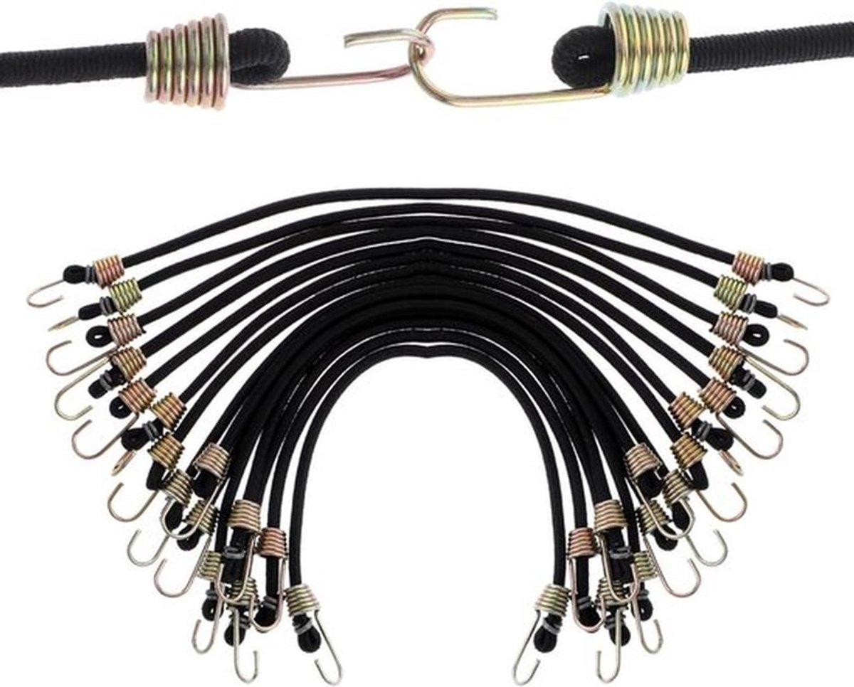 Set van 15 Rubber Bungee Touwen met Metalen Haken, 10 Inch Spanning, Ideaal voor Bagage, Fietsen en Tenten Bevestigen