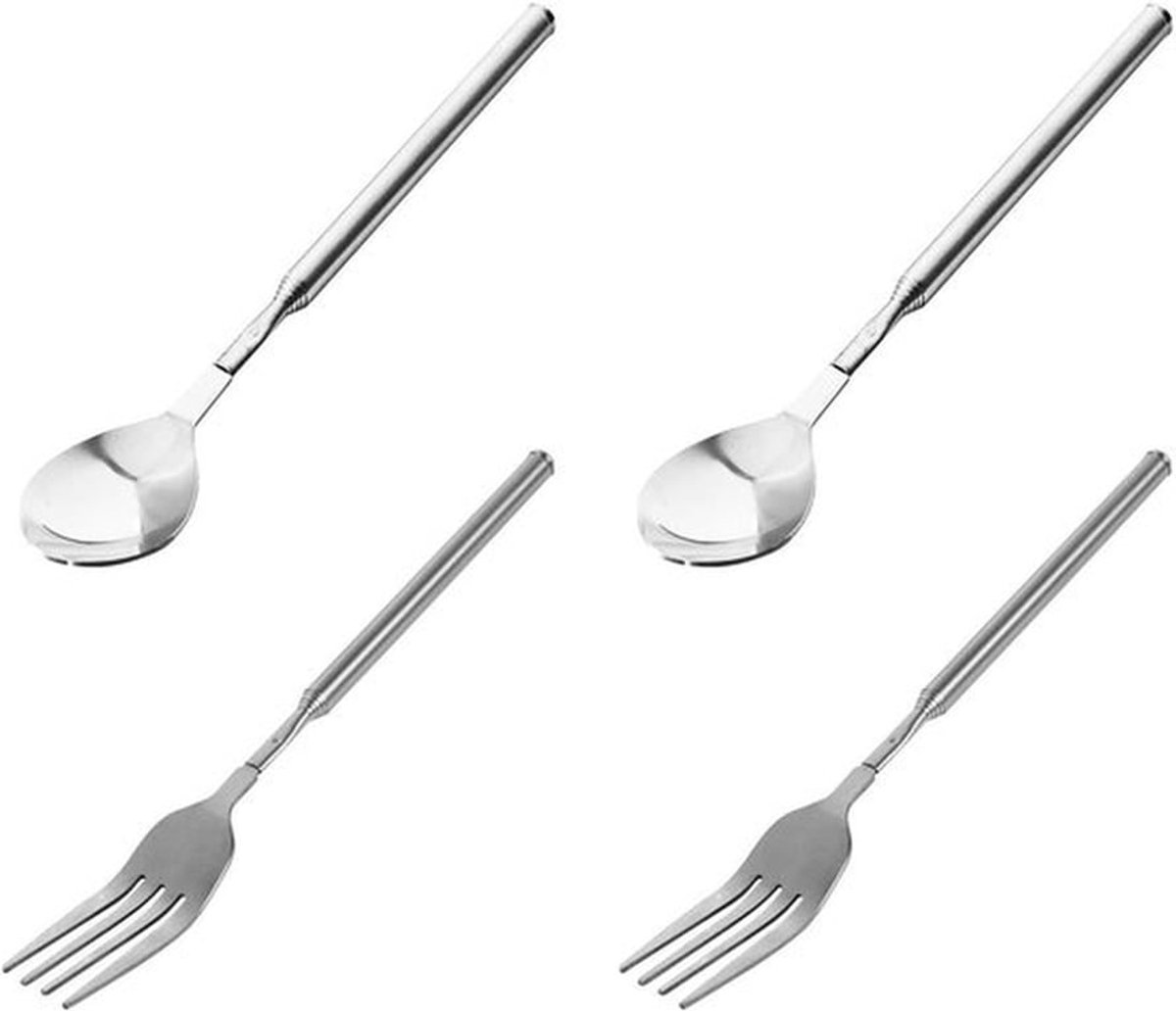 Draagbare 4-delige uitklapbare bestekset met lange handgrepen, roestvrijstalen vork en lepel, ideaal voor reizen en picknicks