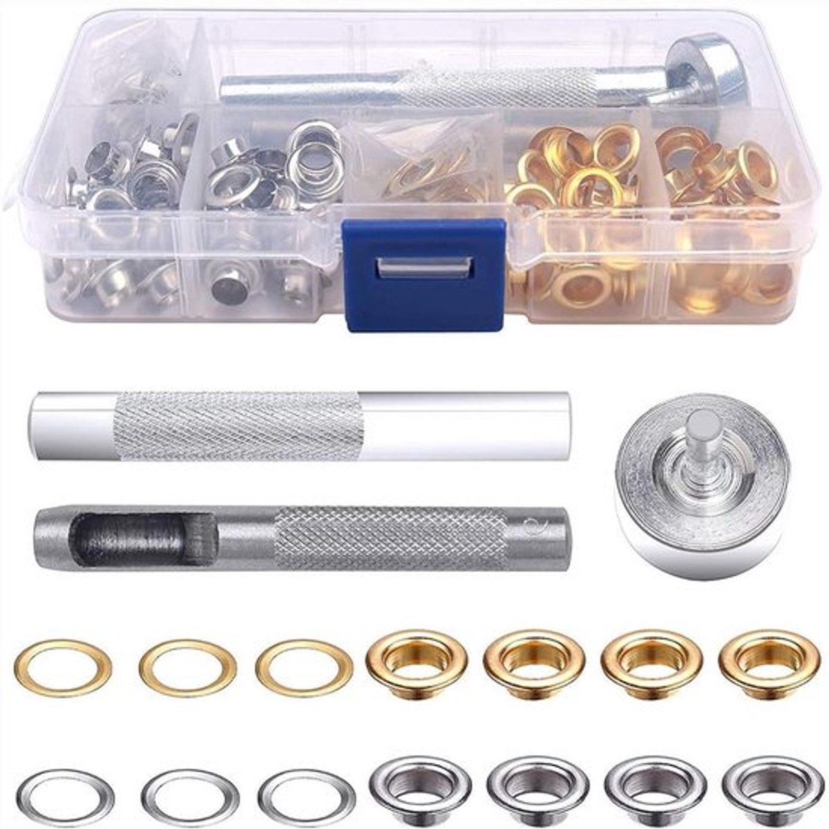 100 Sets Metalen Grommets en Oogjes, Inclusief 3 Installatietools voor Doek, Leer en DIY Projecten