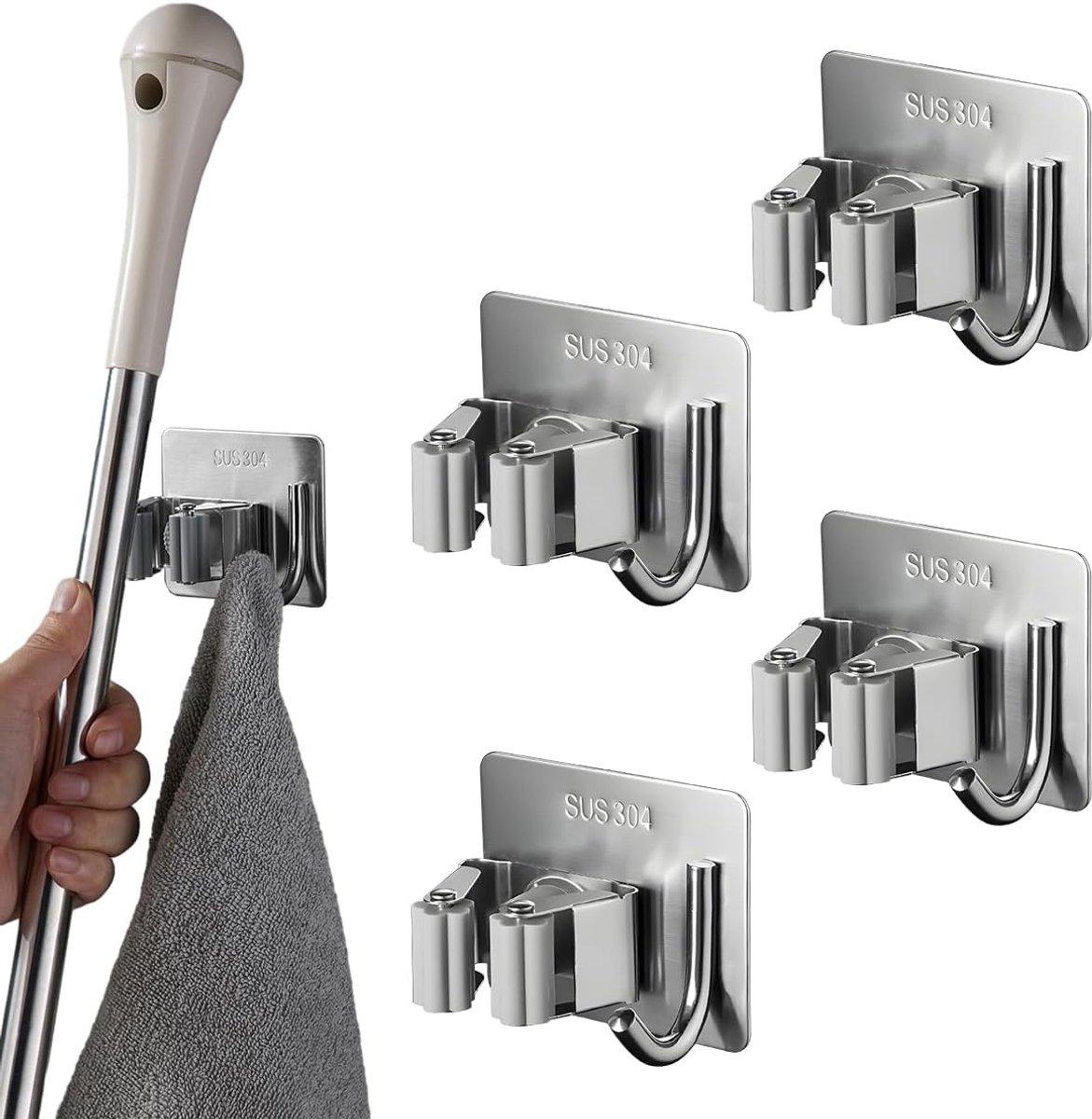 Zelfklevende Wandhouder voor Bezems - Zilver - 6,5 x 8 cm - Roestvrij Staal - Voor Badkamer, Keuken en Tuingereedschap