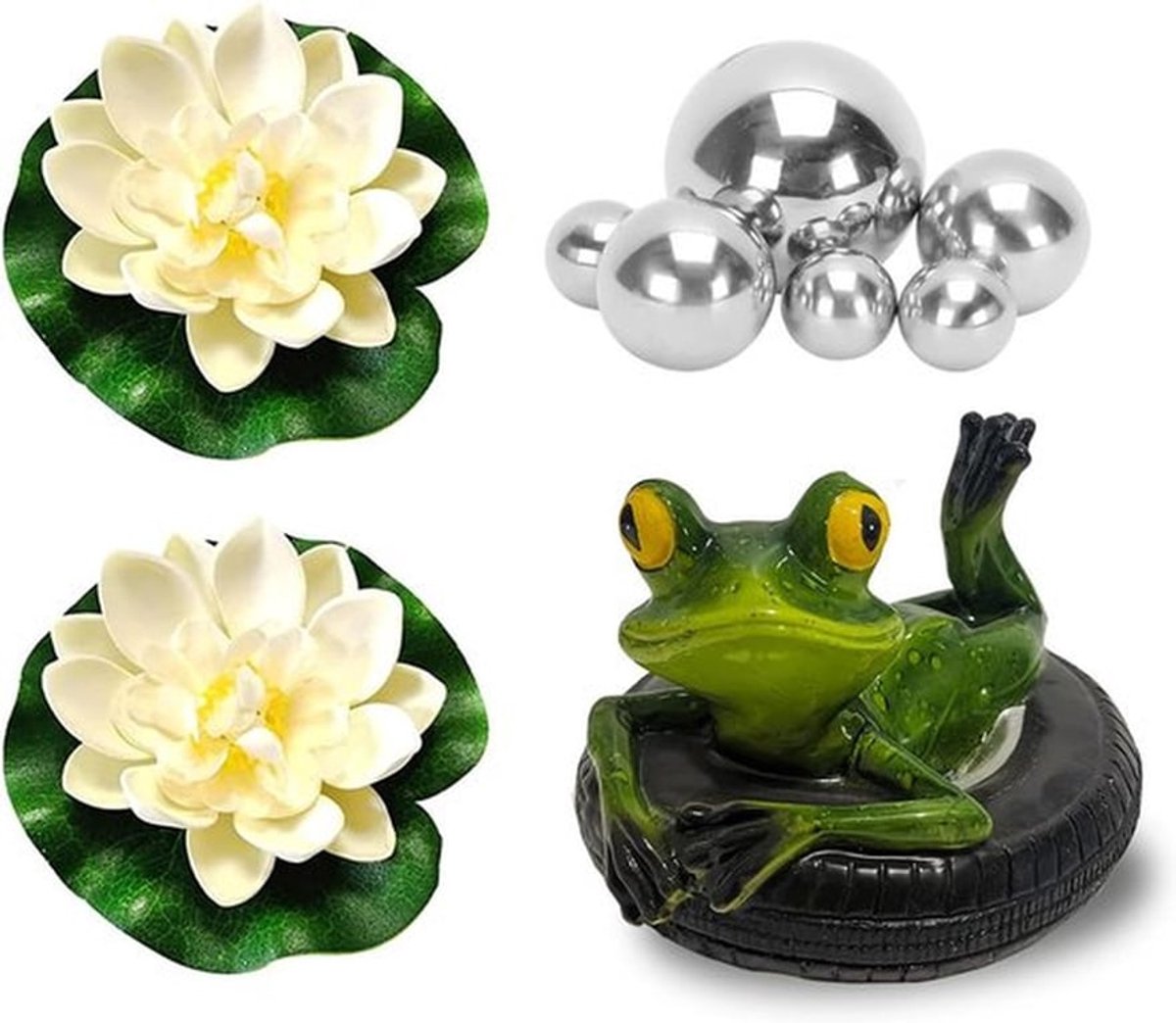 Decoratie voor Tuinvijver, Set met Zwemmende Kikkers, Lotusbloem en Zilveren Ballen voor Mini Vijver en Fontein, Ideaal voor Tuin en Vijverbasin