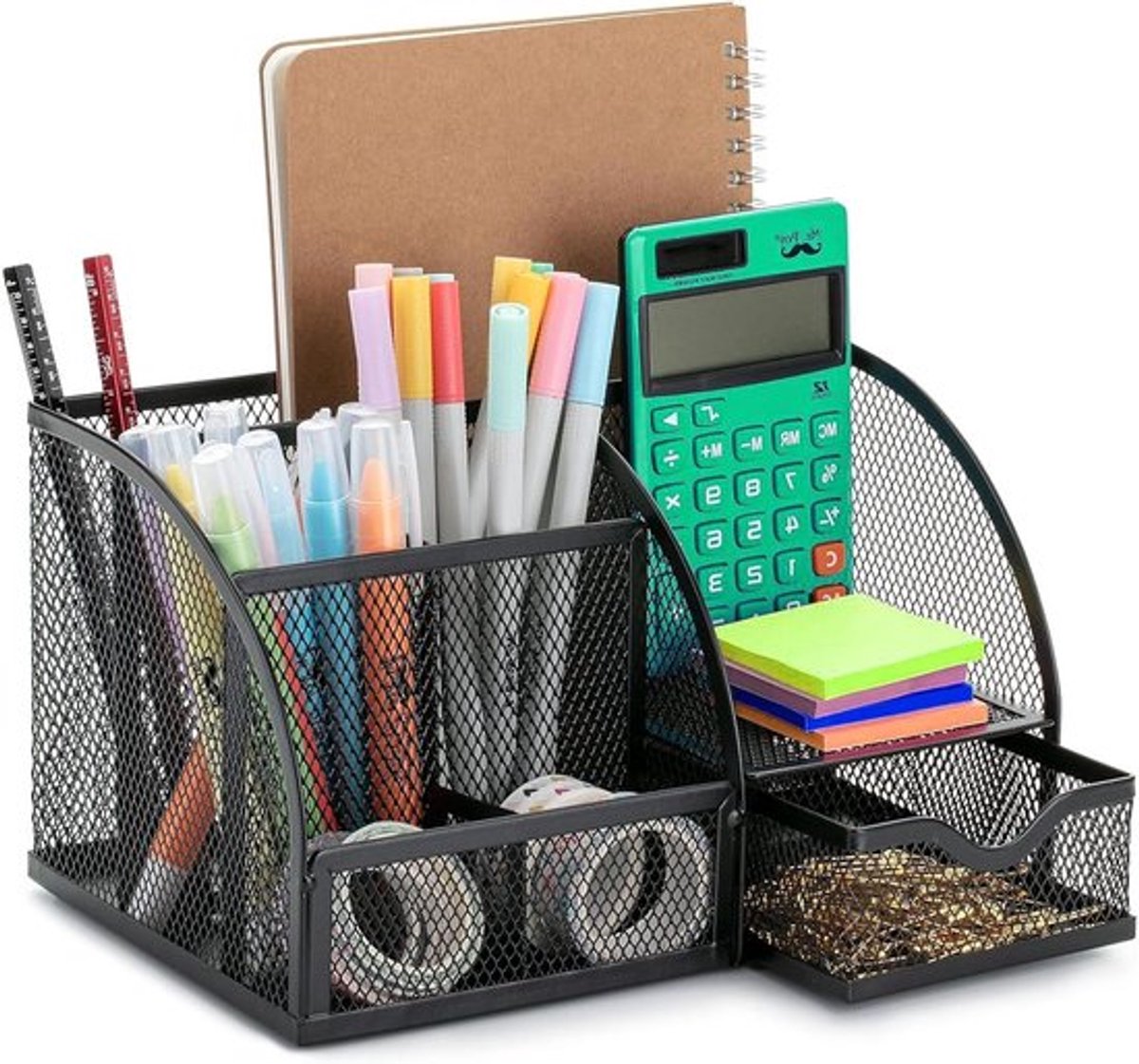 Multifunctionele Bureau Organizer met 6 Compartimenten en 1 Lade, Ideaal voor Kantoor en Thuis, Perfect voor Pennen, Scharen en Kantoorbenodigdheden (Zwart)