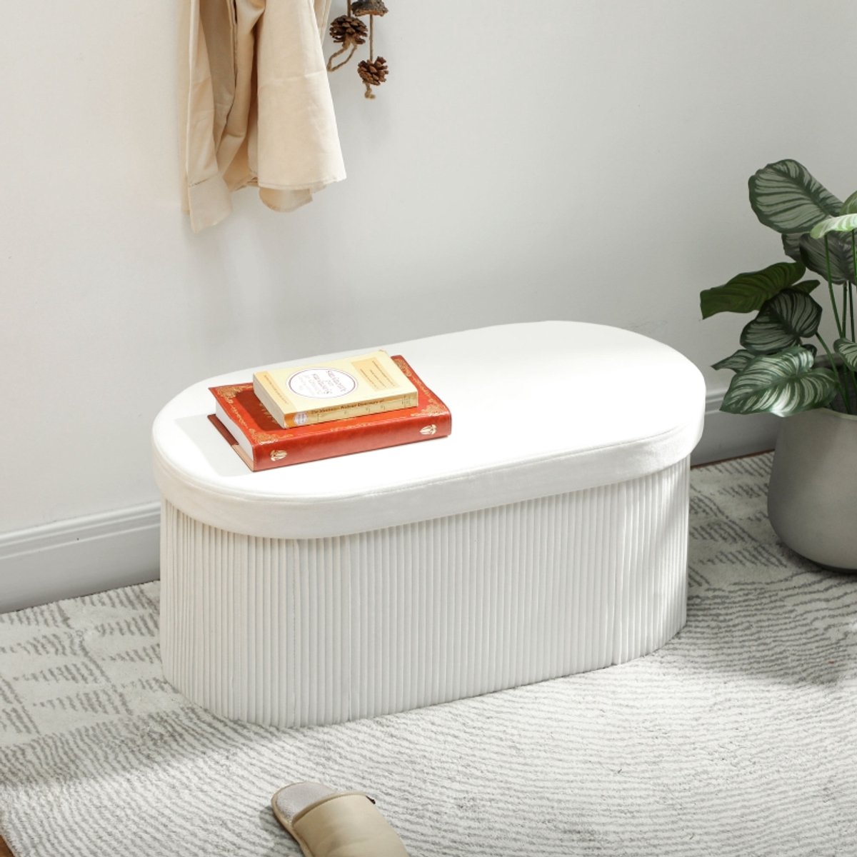 OKWISH Opbergbank Inklapbaar 76 X 38 X 35 Cm Hout Cream White Voor Woonkamer En Hal Met Verborgen Opbergruimte