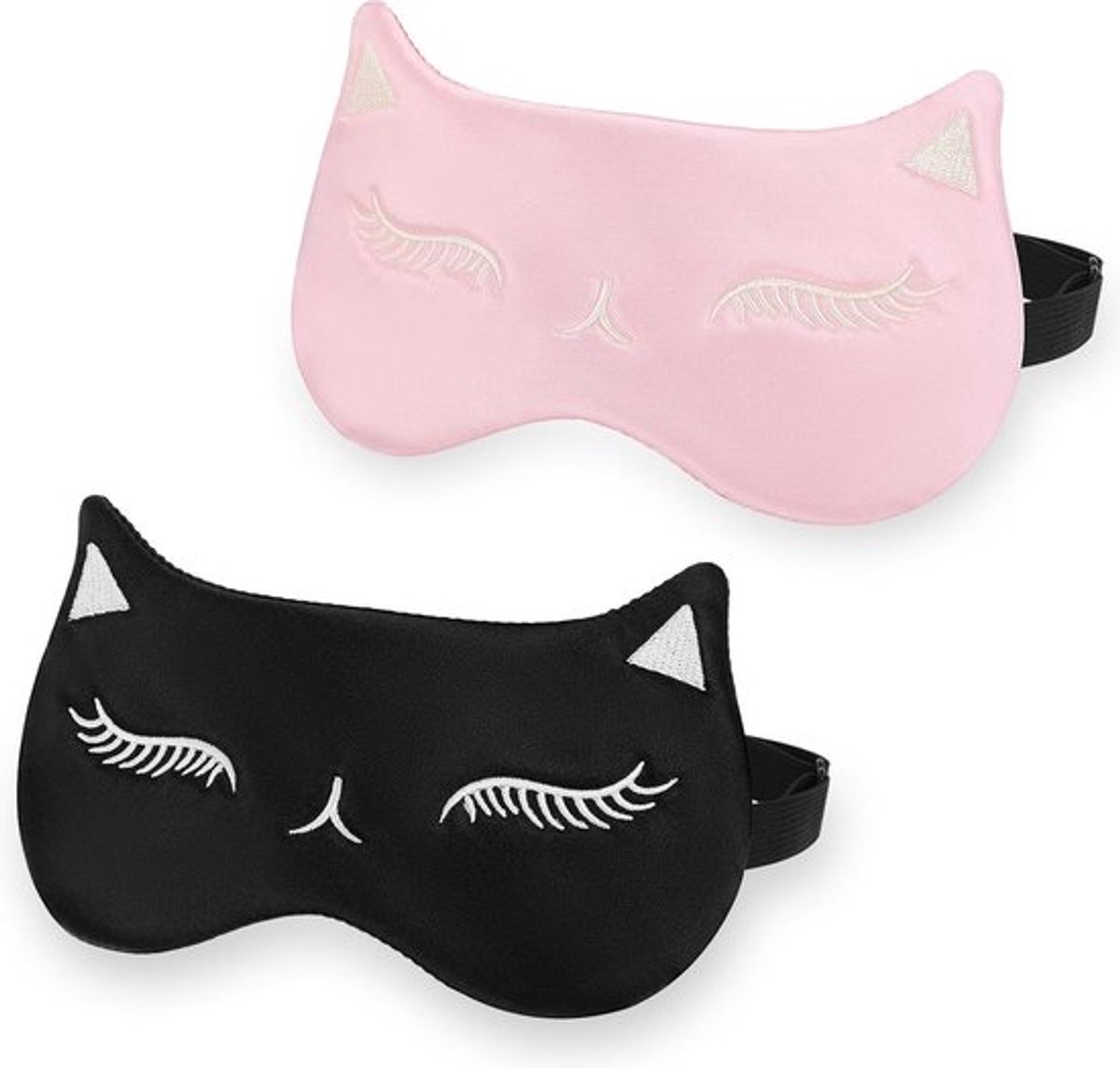 Zwarte Zijden Oogmaskers - 2 Stuks voor Vrouwen, Schattige Kat Slaapmaskers met Verstelbare Band voor Jongeren en Volwassenen, Ideaal voor Slaap en Reizen