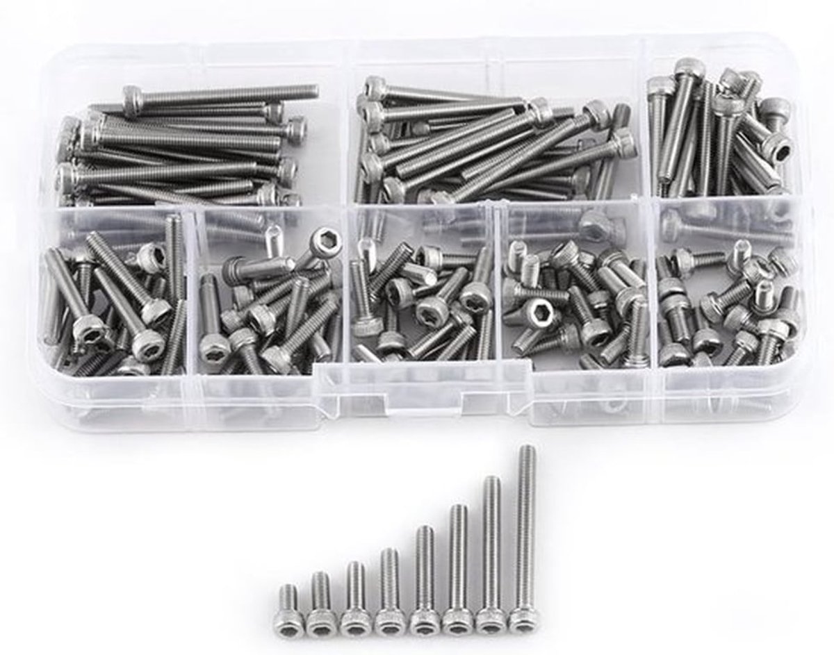Complete Set van 160 Stuks Hexagonale Bouten met Cilindrische Kop in RVS 304 M3 6/8/10/12/16/20/25/30 mm voor Diverse Toepassingen