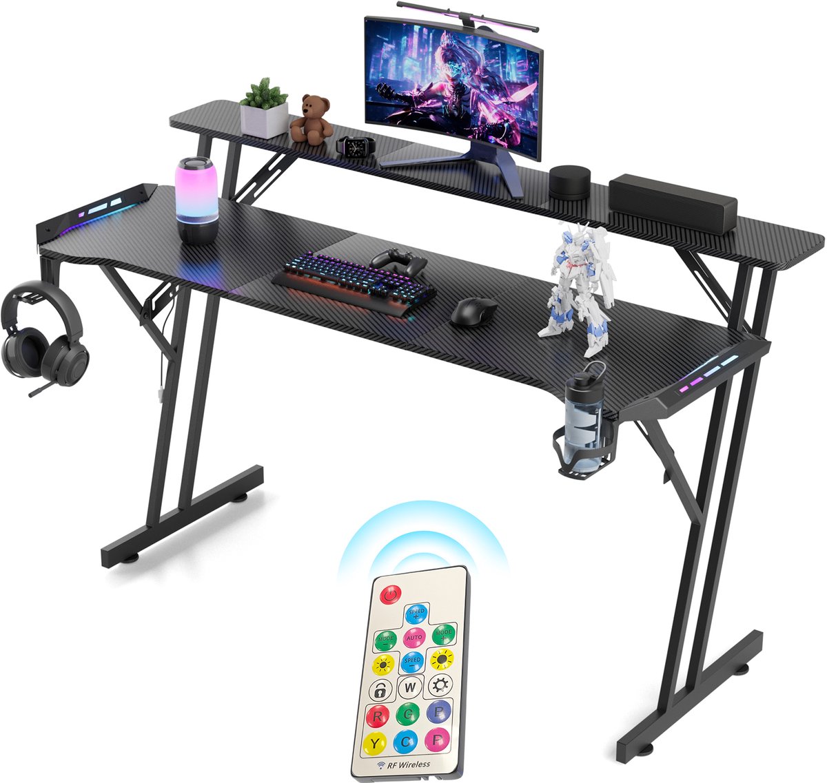 Arvioo - L08 gaming bureau 140x60cm - 1x RGB LED - Z-vormig staalframe - carbon blad