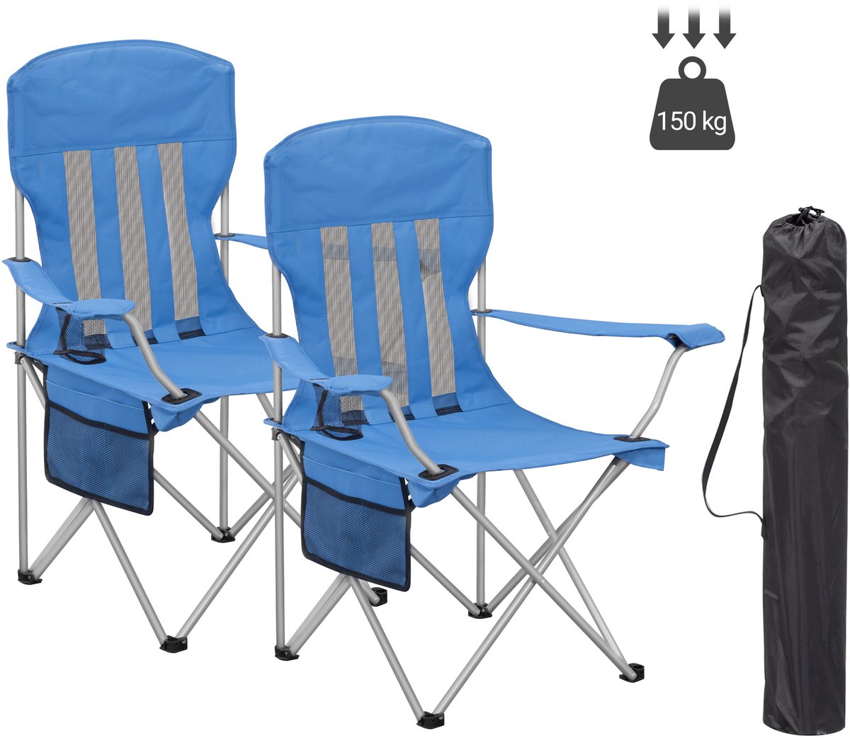 Hzuaneri Campingstoel, Set Van 2, Opvouwbare Campingstoel Met Ademende Rugleuning Van Mesh, Bekerhouder, Draagtas, Robuuste Constructie (Tot 150 kg), Opvouwbare Visstoel, Blauw