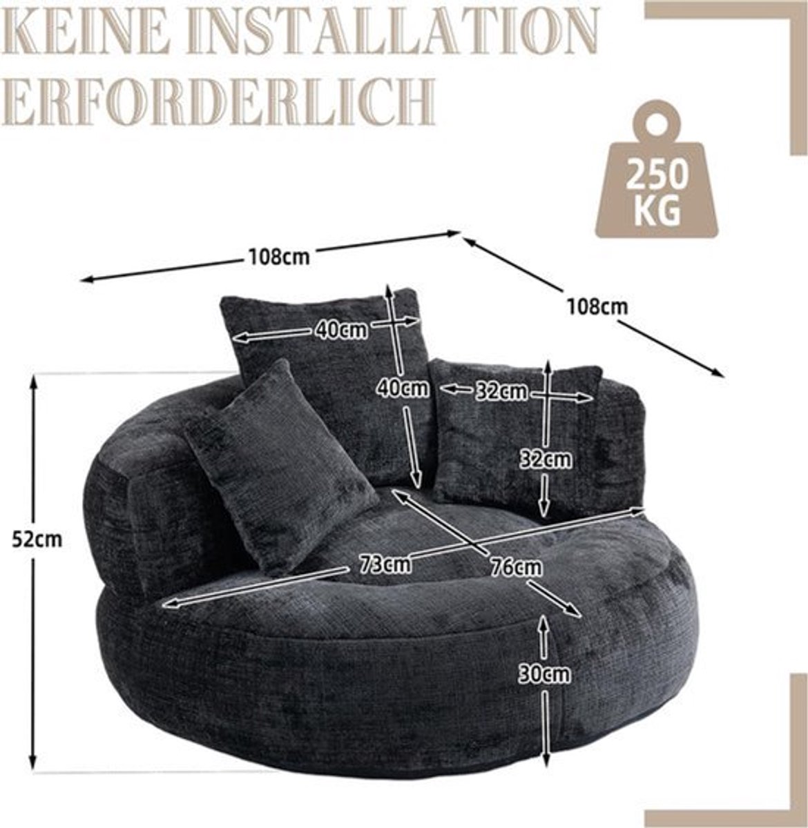 Zitzak – Lazy Sofa – Lounge Stoel – Gaming Bank – Comfortabele Fauteuil – Duurzame Chenille Stof – Hoge Rugleuning Met Drie Kussens – Geschikt Voor Binnen En Buiten