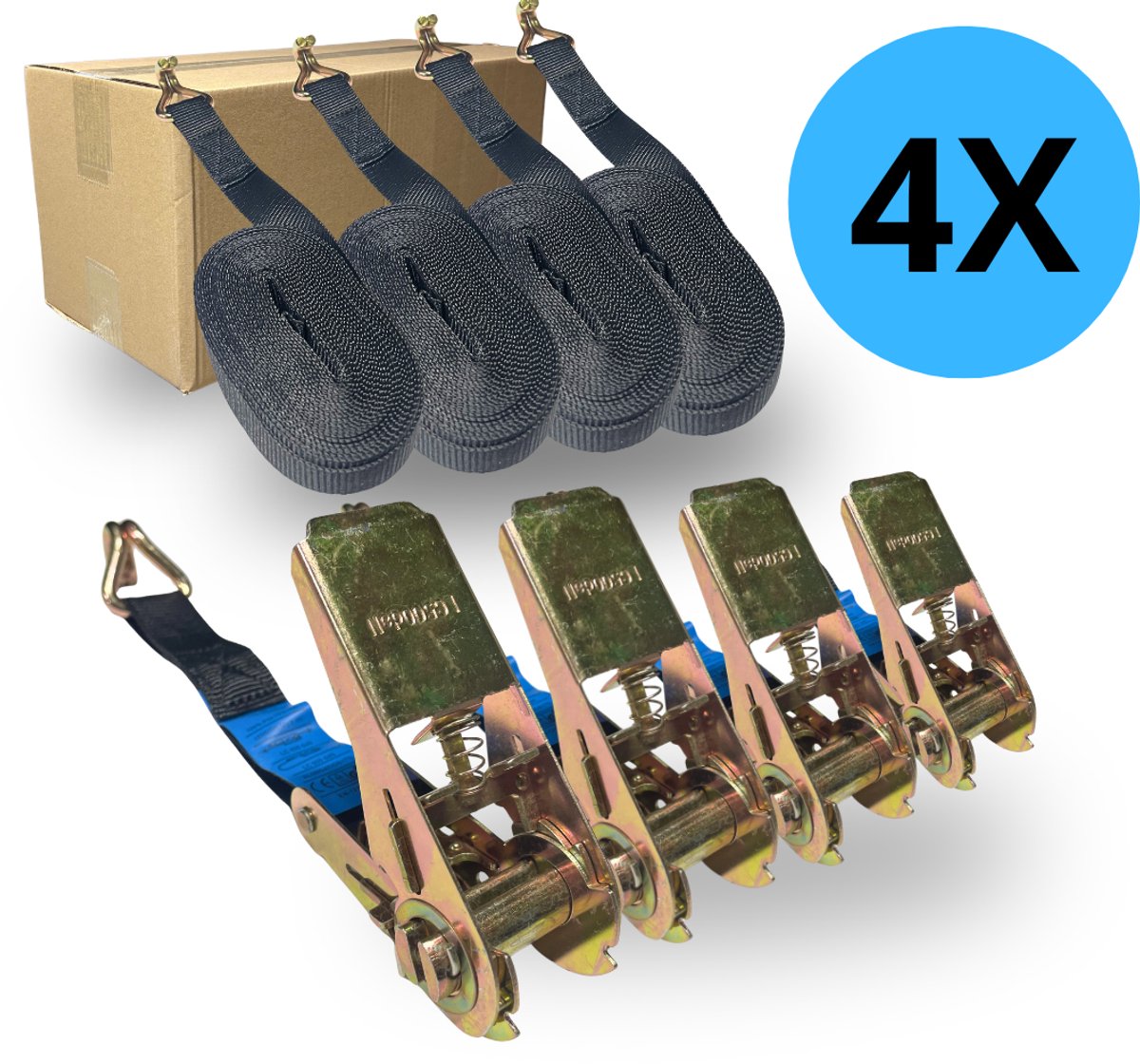 Spanbanden met ratel – 6 meter - Zwart – 25 mm – 4 stuks - straps - spanband