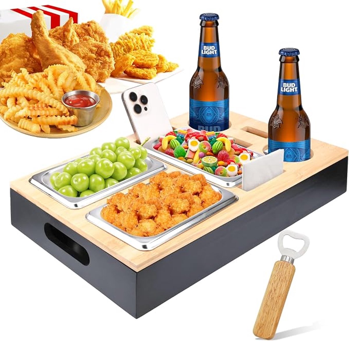 Snacktafel voor Bank en Bed – Snackbakje met RVS Bakjes, Afneembaar Deksel, Bekerhouder en Dienblad voor Snacks en Dranken