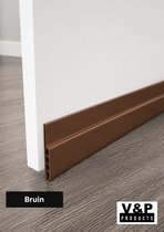 Bruine tochtstrip op een houten vloer onder een witte deur.
