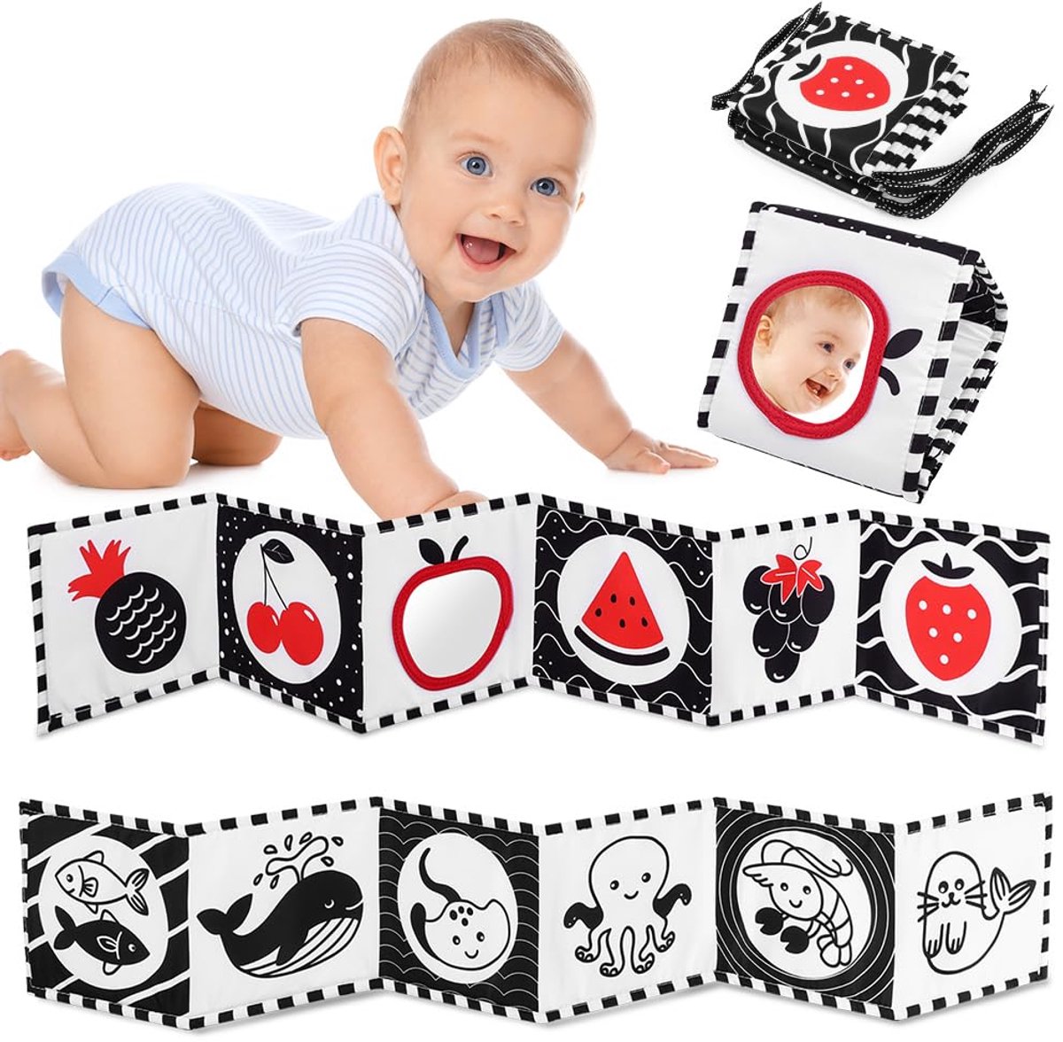 Contrastboek Baby – Zacht Stoffen Boek met Spiegel – Zwart-Wit Dubbelzijdig Baby Stofboek – Waarnemings-Leerspeelgoed – Leerspeelgoed voor Pasgeborenen – Cadeau