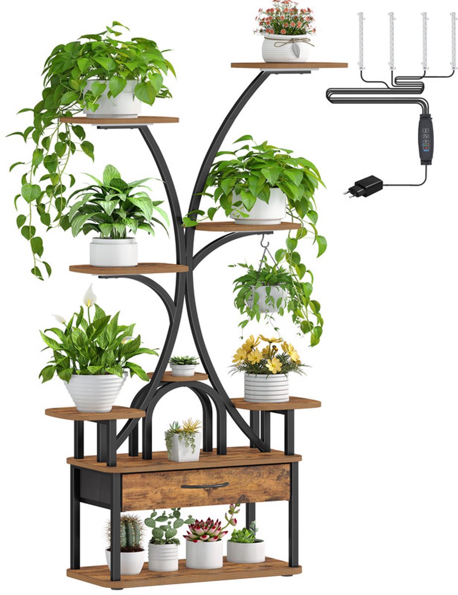 Hzuaneri Plantenstandaard met groeilamp, bloemenstandaard met 9 niveaus en 4 R-G LED-lampen, instelbare kleur en timer, 164 cm, ideaal voor woonkamer, balkon, tuin, vintage bruin/zwart