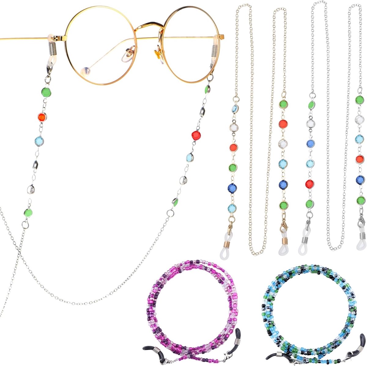 KEYRI Delicate Brillenketting Anti-slip Koord Kralen met Kristal Bril Riem - 4 Stuks voor Sport en Dagelijks Gebruik - ShopVlot