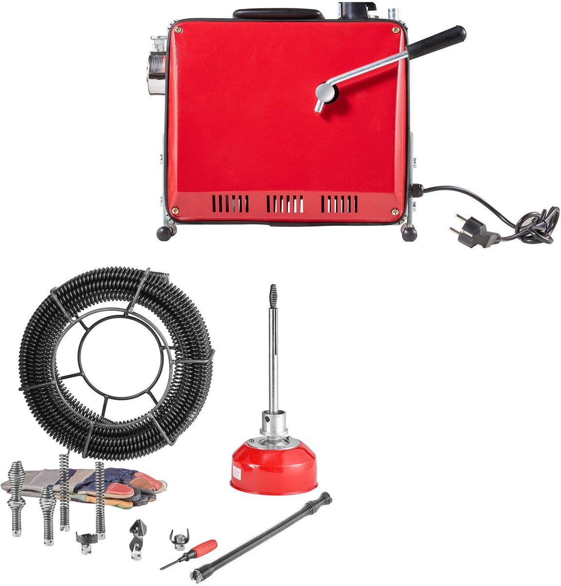 Elektrische Pijpreinigingsmachine, 500 W, 1400 TPM, Afvoerreiniger met 20 m X 16 mm & 5 m X 9,5 mm Veerkabel, 0,4 m X 16 mm Flexibele Veer en 8 Snijbladen, Geschikt voor Leidingen met Een Diameter van 50–110 mm
