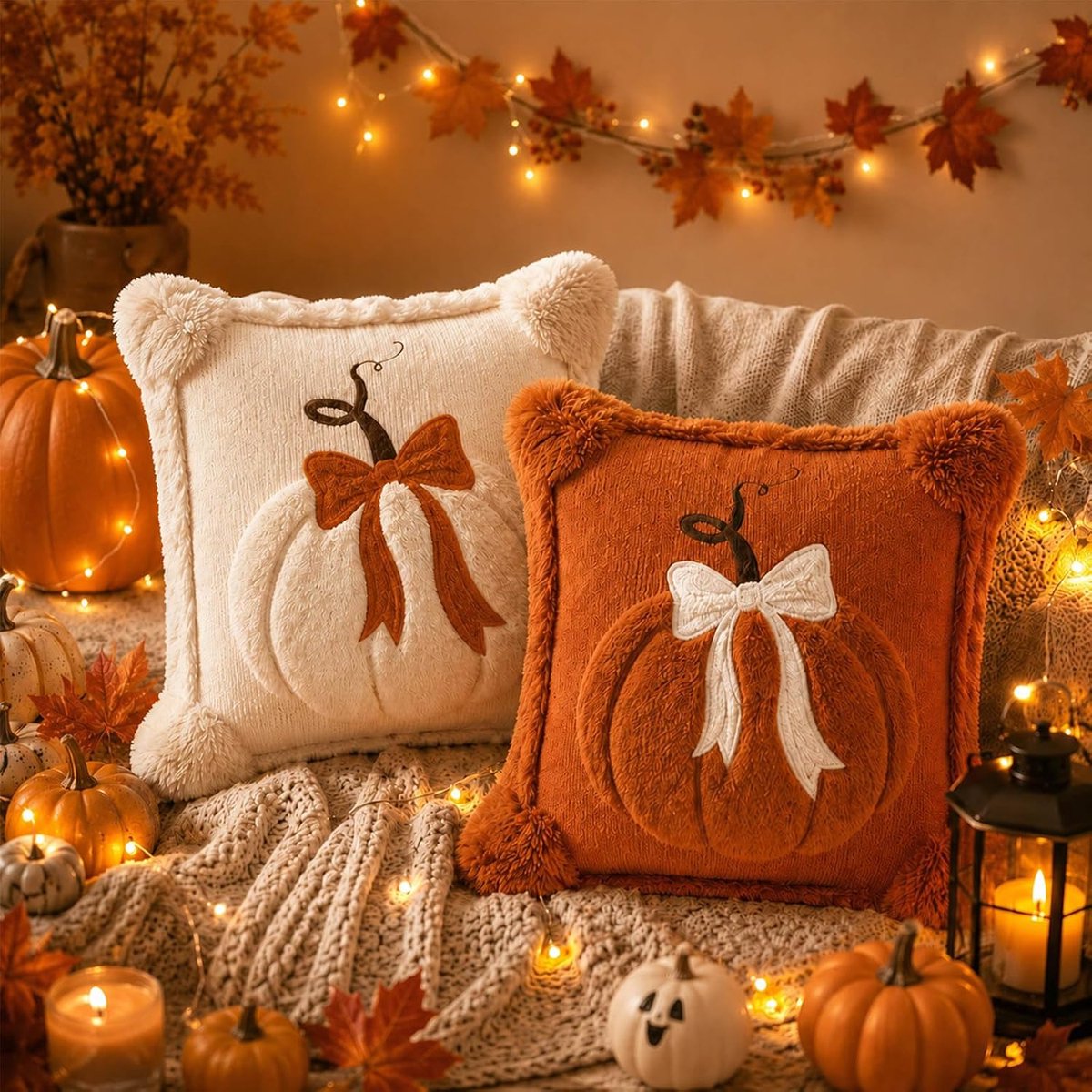 2 Stuks Herfst Kussenslopen met Pompoen en Strik - 45x45 cm - Zacht Pluche - Met Vulling - Voor Bank en Woonkamer
