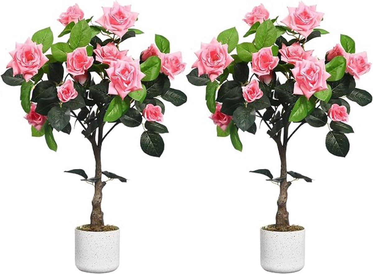 Triumpunpre - decoratieve kunstplant - 2 stuks 75cm roze compacte rozenstruik met pot voor thuis en hotel