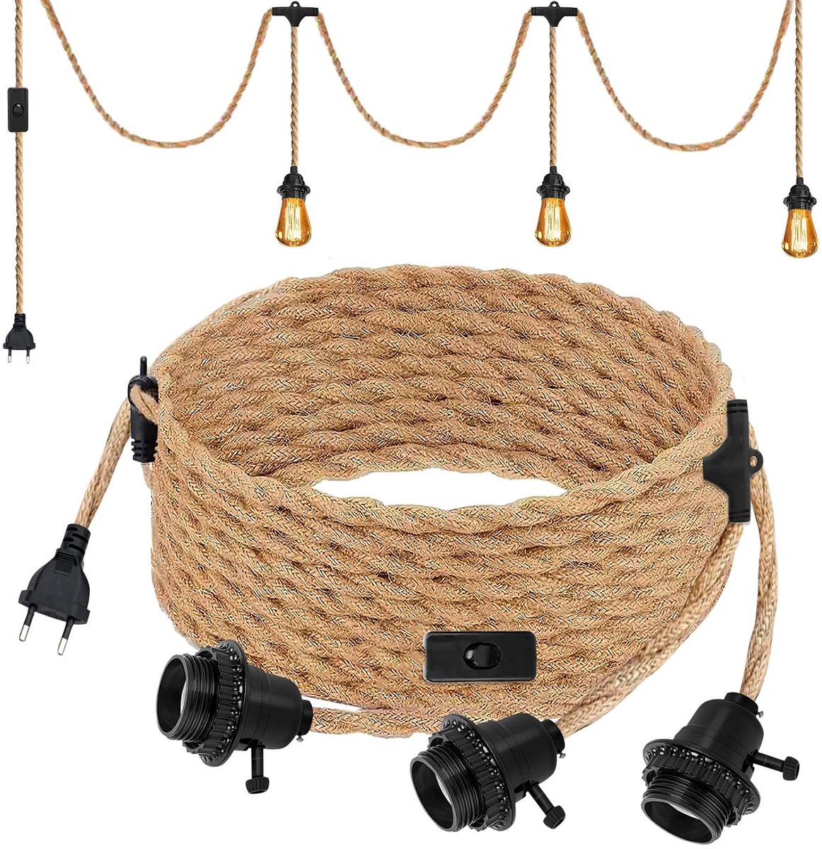 E27 Socket with Cable 6.8 m Made of Braided Hemp Rope Vintage and Switch Hanging Lamp Fitting E27 Rope for Crafts - ShopVlot
