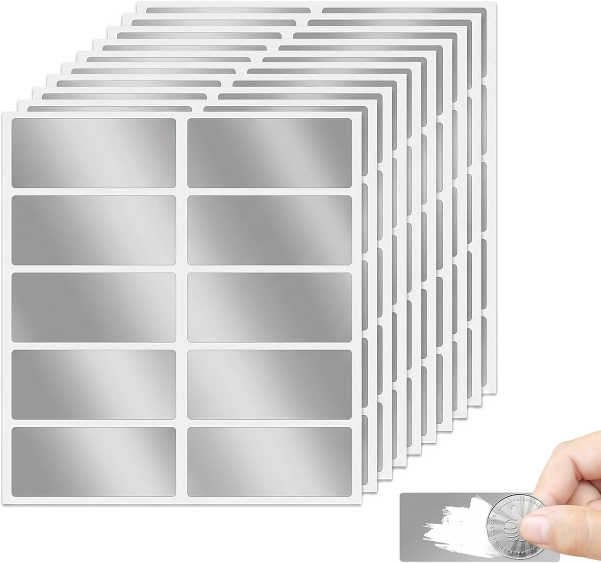 100 Stuks Krasstickers, 60 x 25 mm, Zilver - Met 1 metalen munt, Voor vouchers, Voor winnspel, Voor feest en verjaardag - ShopVlot