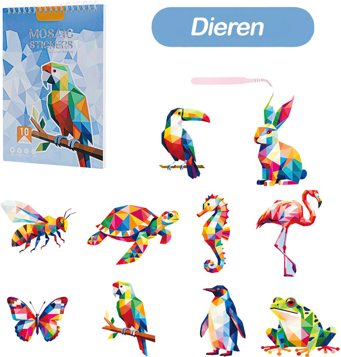 Ainy Sticker Op Nummer Dieren | Inclusief Pincet | Stickerboek met nummer stickers | Stickeren met 10 3D-afbeeldingen | Creatief & Rustgevend vakantieboek | Stickermozaiek stickervellen voor volwassenen en kinderen