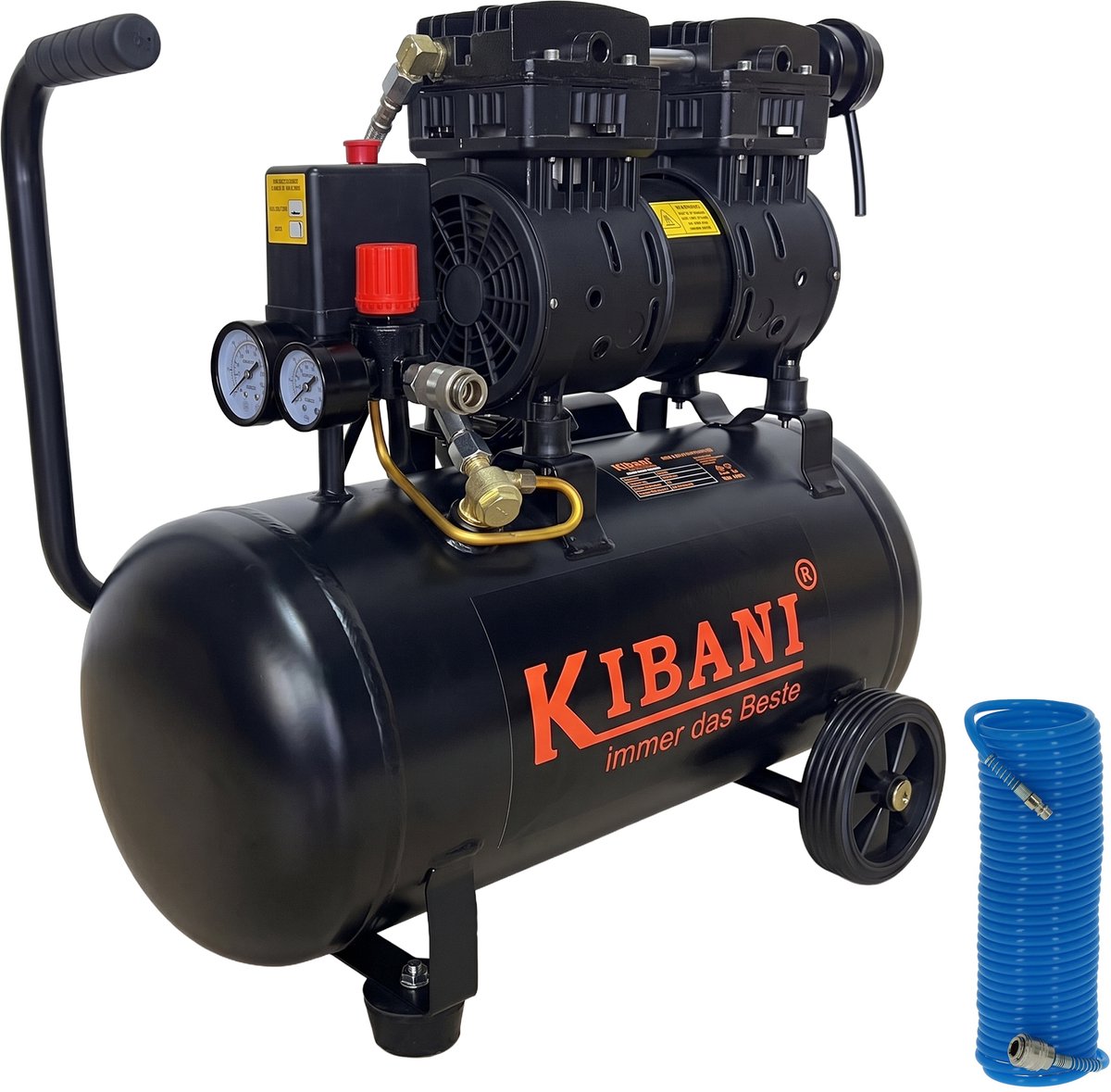 Kibani Super Stille Ecoline Compressor 24 Liter + Luchtslang 10 Meter - SET - Olievrij - 8 Bar - 116 L/min - 58 dB(A)
