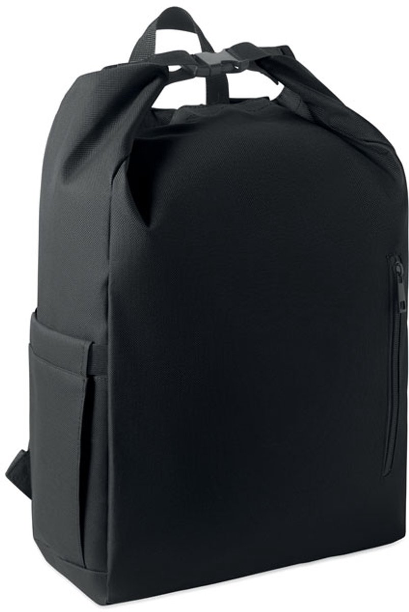 Rolltop 15-inch laptoprugzak van 600D RPET polyester met 210D RPET gewatteerde voering. Voorzien van een voorvak met rits, elastisch zijvak en verstelbare schouderbanden. Black