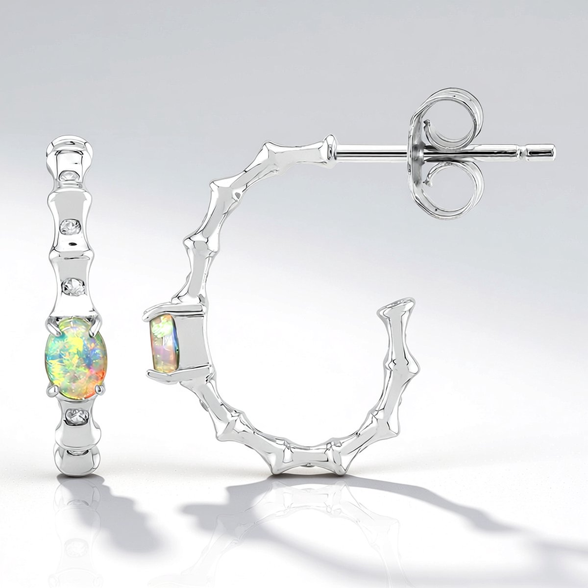 Cavill - 925 Zilver Oorbellen met Australische Opaal 0,228 ct en Zirkonia 0,105 ct - Ovaal Cabochon Bamboe Design - Elegante Oorbellen voor Dames