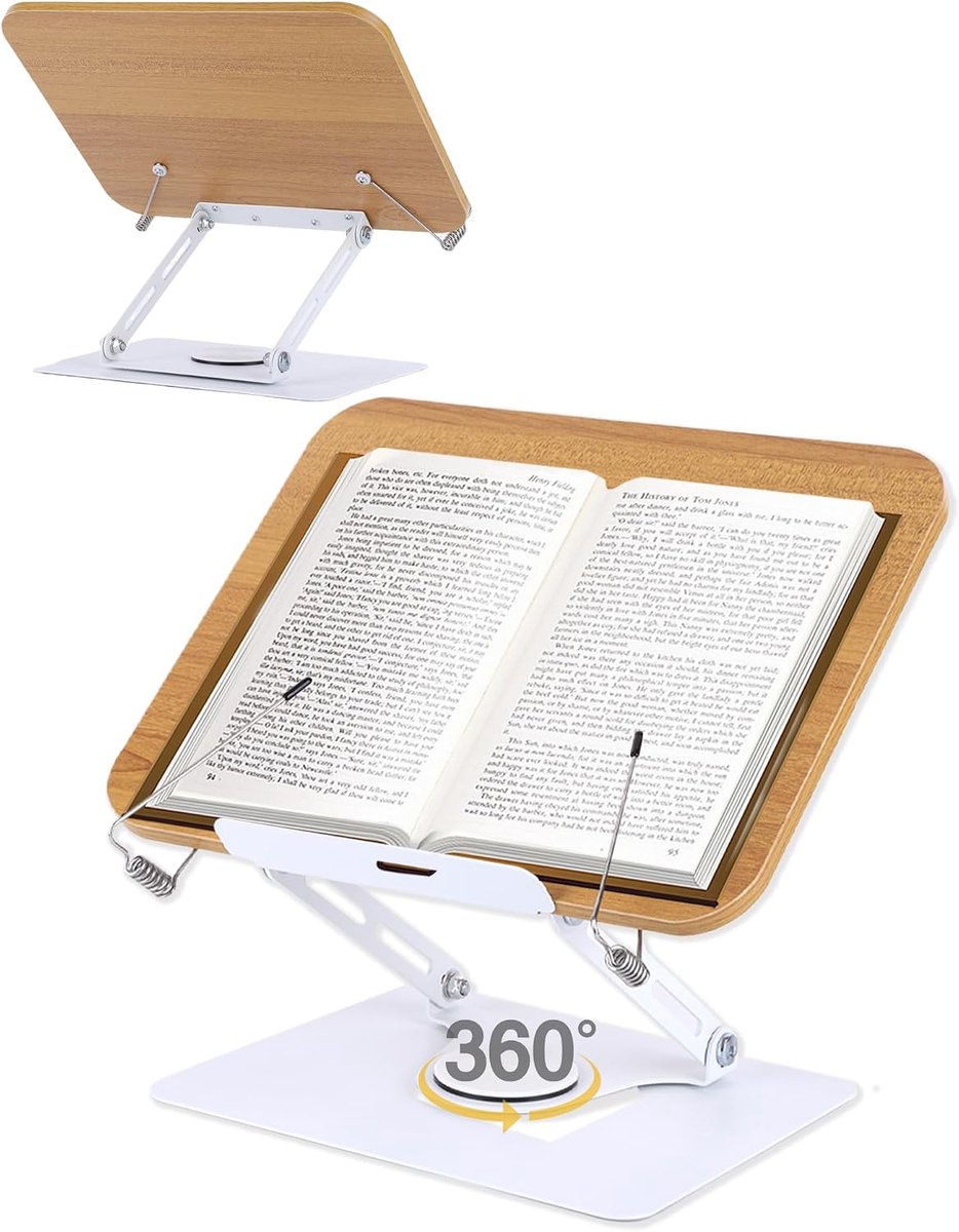 KZQ Leesplank - Boekenplank - Verstelbare boekenplank - Receptenplank - Antislip leesstandaard - Met paginaklemmen - 360 graden draaibaar - Opvouwbaar en draagbaar - Geschikt voor bijbels, kookboeken, tijdschriften, tablets, laptops, enz - Houtkleur
