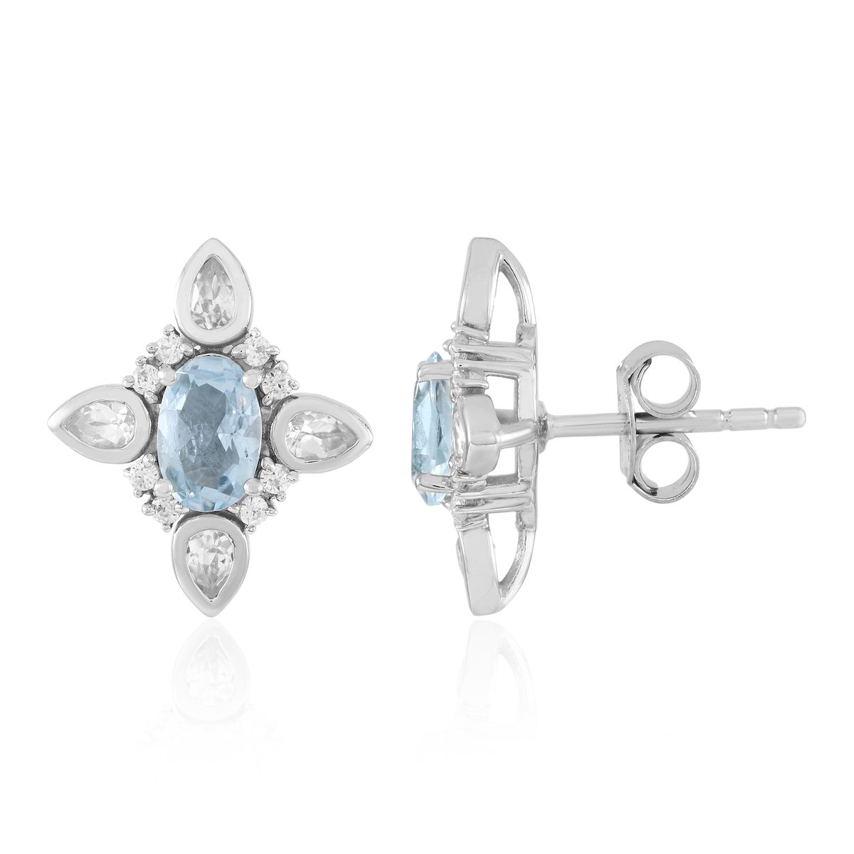 Cavill - Luxe Oorbellen 925 Sterling Zilver Geplatineerd - Ovale Aquamarijn 0,68 ct Braziliaans - Cambodjaanse Zirkonia 0,83 ct - Elegant