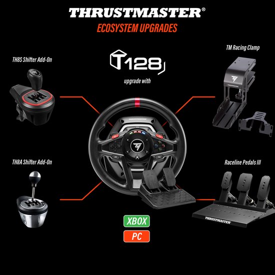 Thrustmaster T128 race stuurwiel met pedalen, TH8S & TH8A schakelaars, TM Racing Clamp.