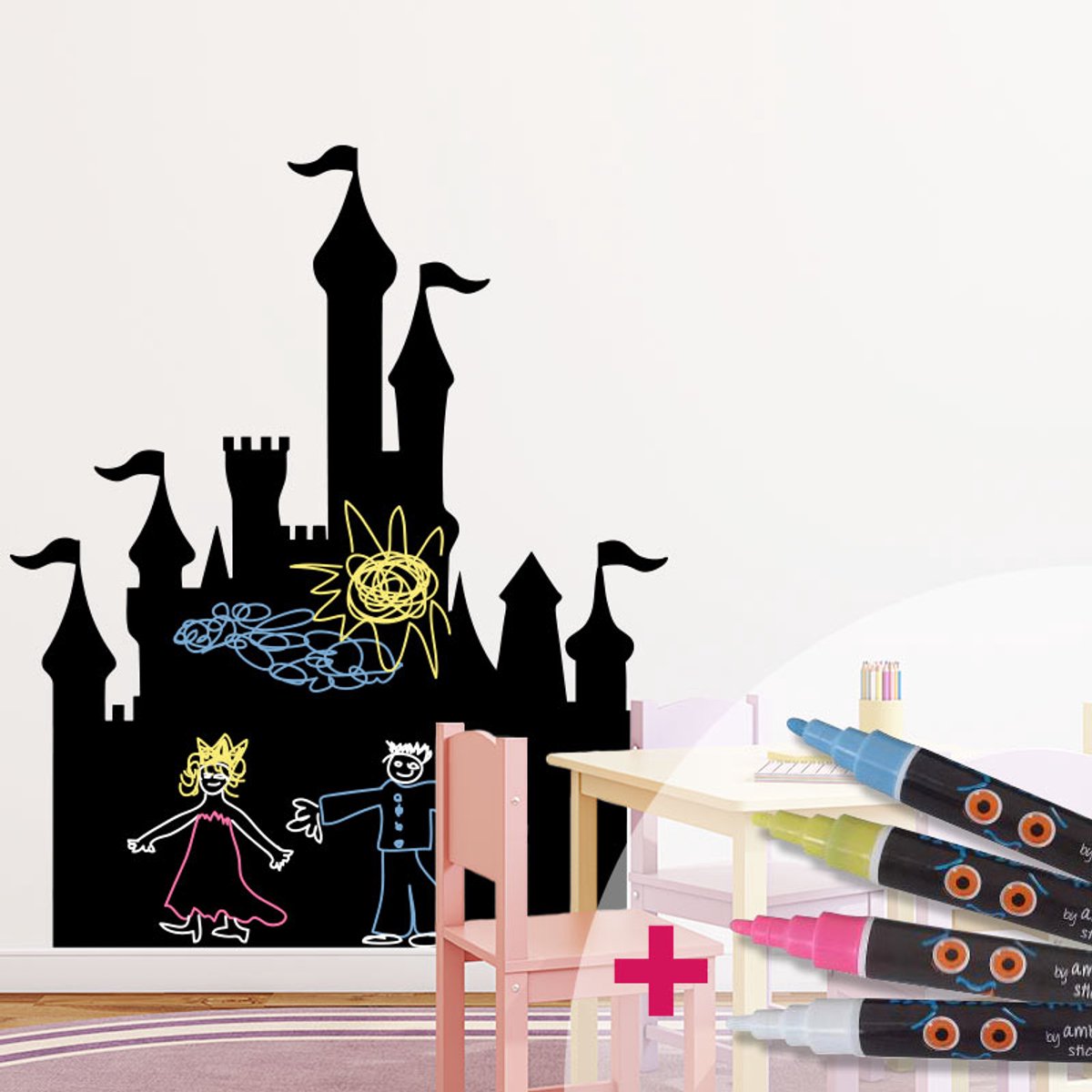 Ambiance Sticker Muursticker met krijtbordmotief - uitwisbare zelfklevende muursticker - PRINSESSENKASTEEL + 4 VLOEIBARE KRIJTJES - 30x25cm Multi color