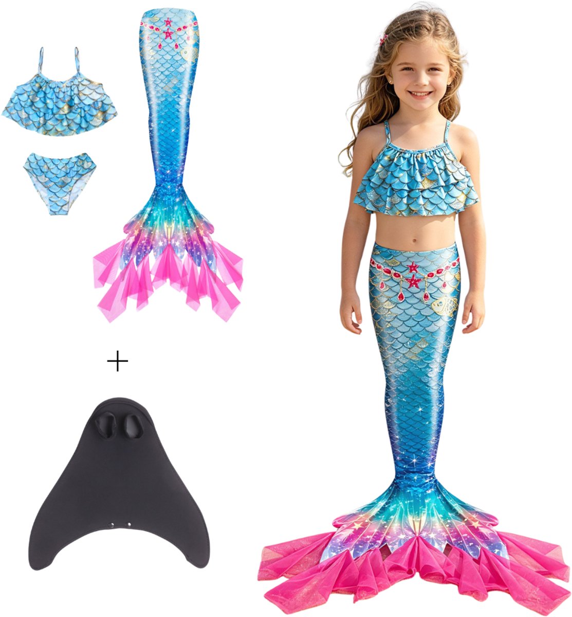 Joya Kids® Zeemeerminstaart met Bikini met MONOVIN Verkleedset Blauw Roze met Franje | Zeemeermin Staart met Bijpassende Bikini | Mermaid Staart | Zeemeermin Verkleedkleding Meisje | Incl. MONOVIN | Maat 140