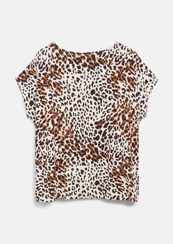 Wit T-shirt met korte mouwen met een bruin en zwart luipaardprint.