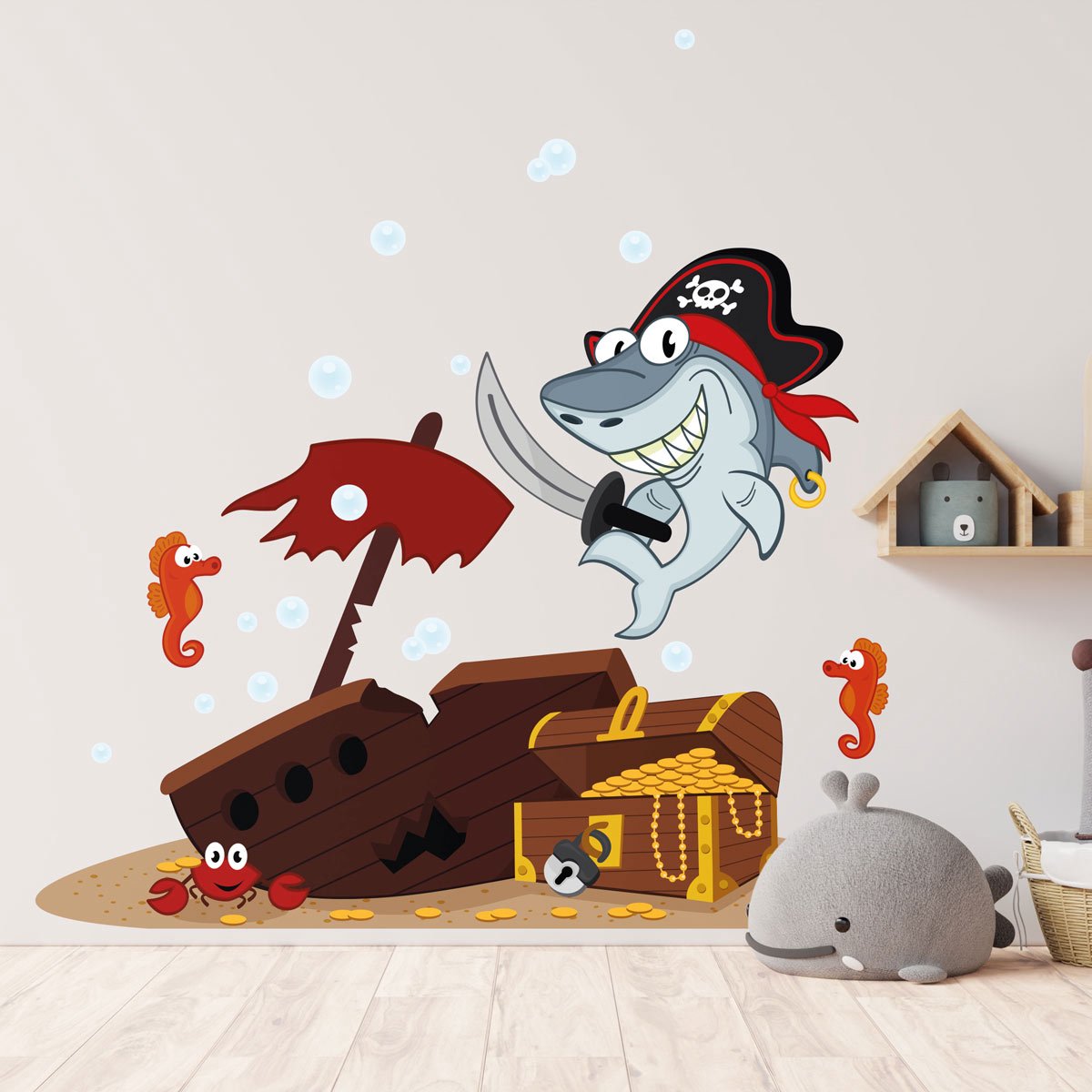 Ambiance Sticker Muurstickers - Piratenhaai en de schat - Zelfklevende stickers - 60x40cm Multi color