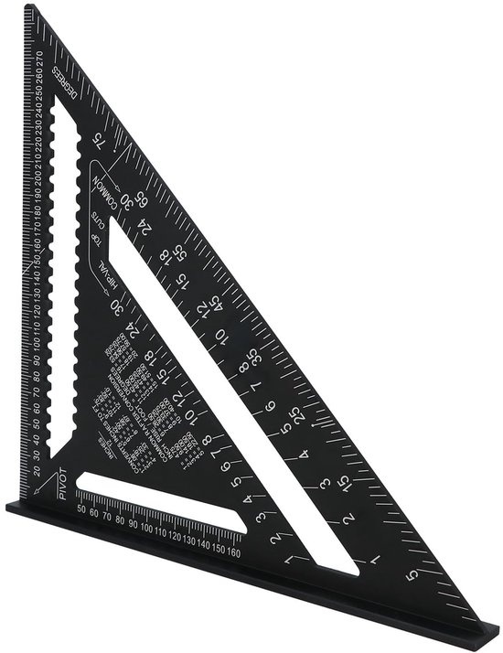 Zwarte 30cm Timmermanshoek met schaalverdeling in graden, centimeters en inches.